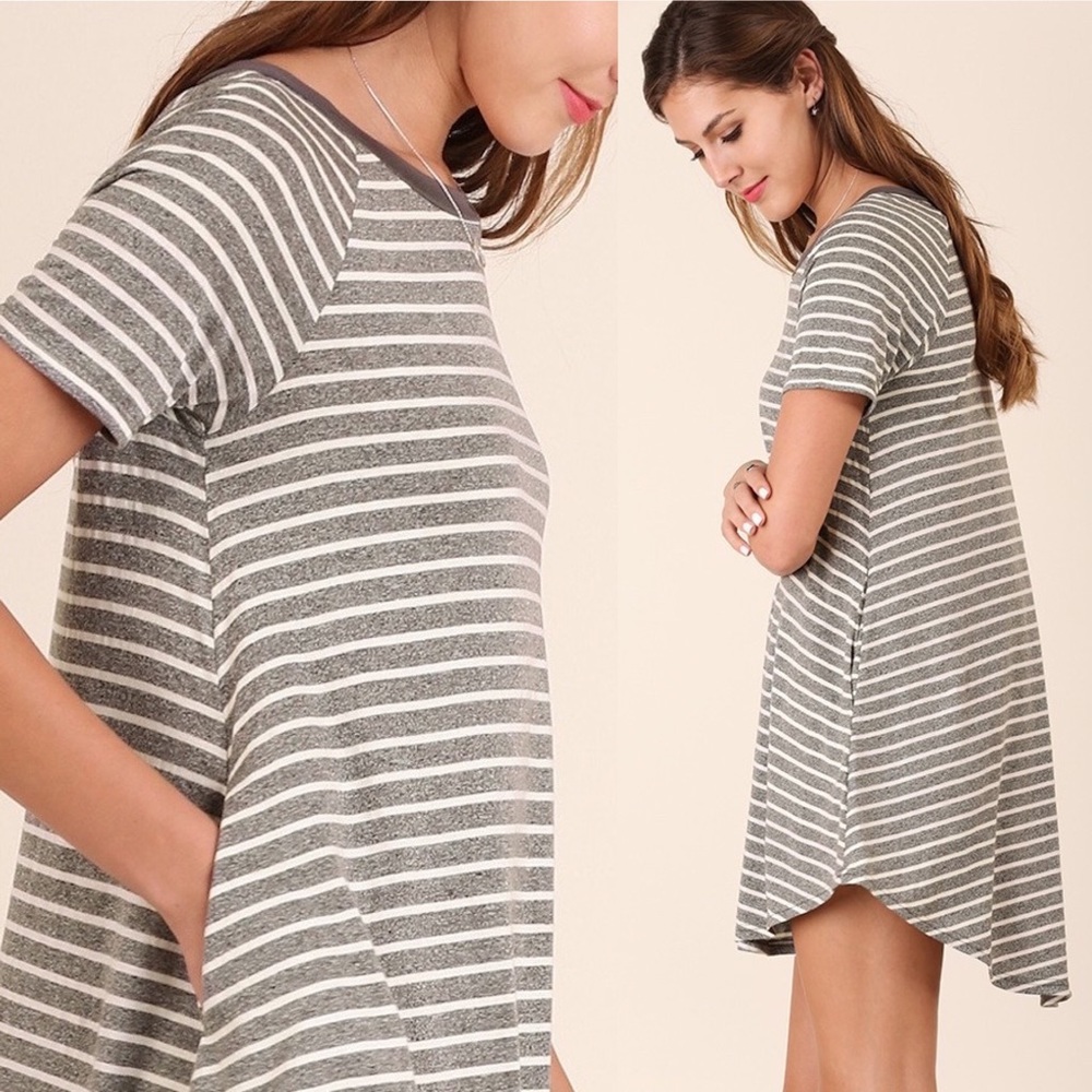 Gray Striped T-Shirt Dress with Pockets - Picture 3 of 3